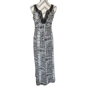 RN Studio Geometric Beaded V-Neck Resort Dress Small Black White Travel Cruise